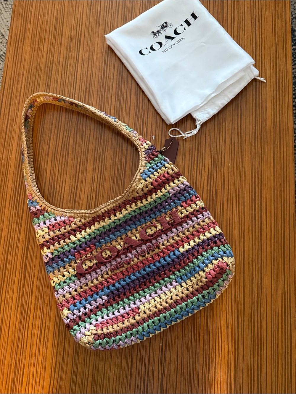 Coach Multicolor Crochet Shoulder Bag in Tan, Green, Blue, Pink, Red